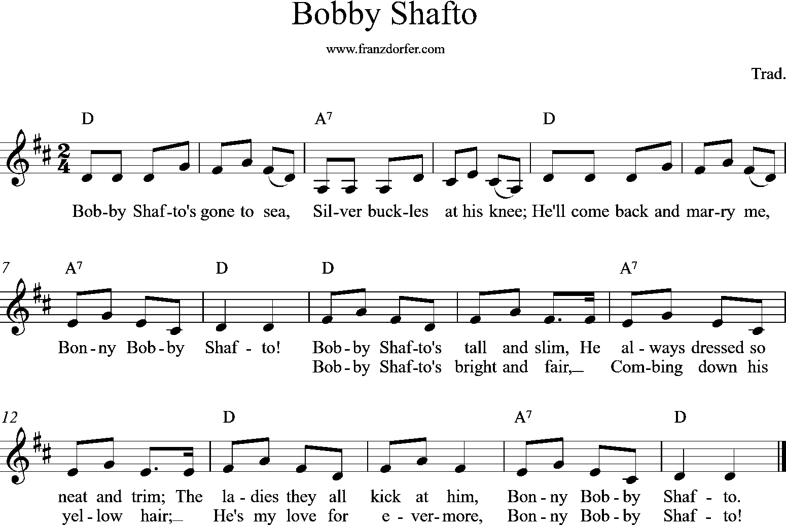 sheetmusic, Bobby Shafto, D-Major